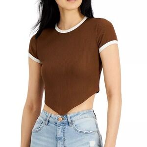 Just Polly Brown Ribbed V-Hem T-Shirt Top Size Small